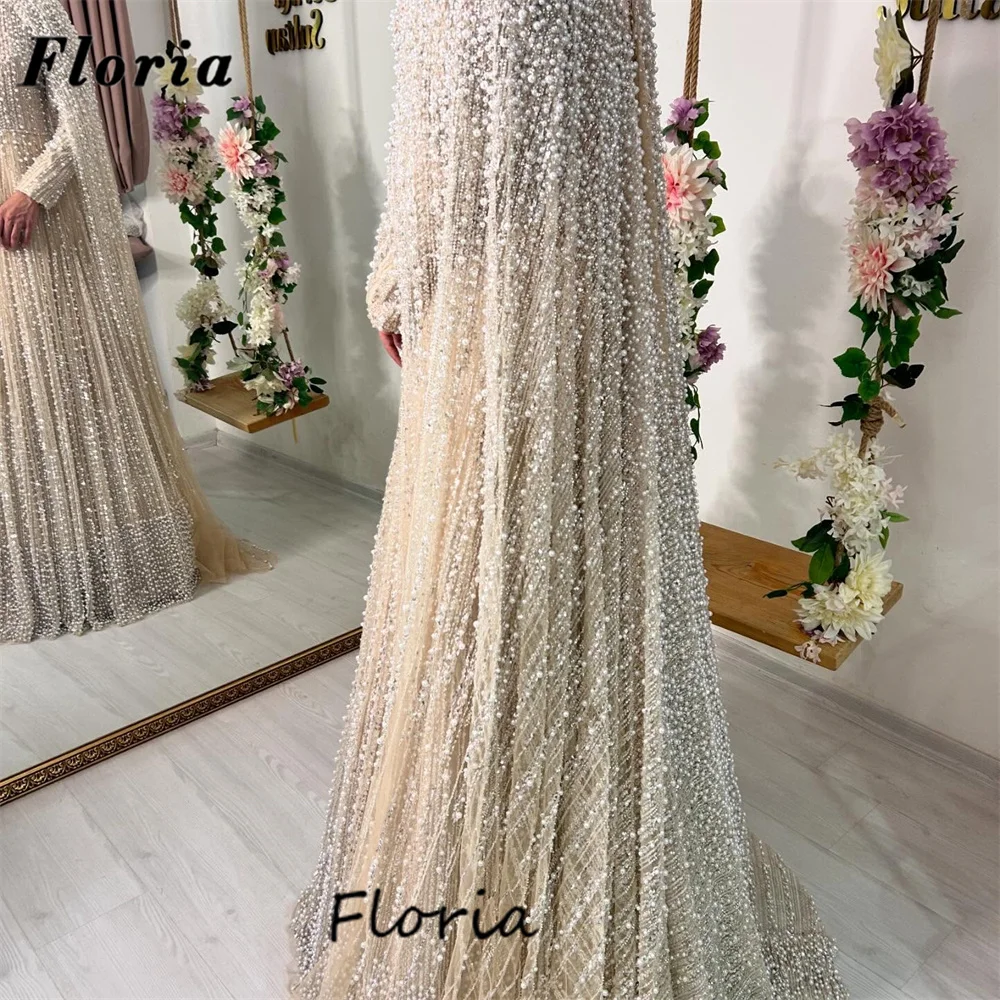 Champagner-Abendkleider mit schweren Perlen und Perlen, maßgeschneidert, 2025, muslimisches Cape, lange Ärmel, Geburtstagsparty-Kleider, Abschlussball-Empfangskleid