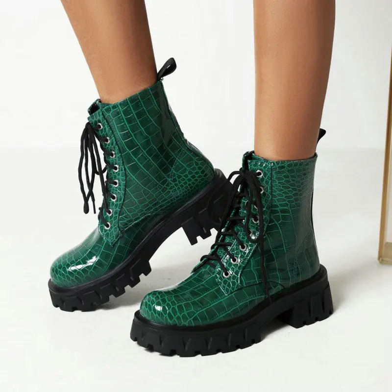 Sianie Tianie Green Yellow Womens Winter Shoes Crocodile Skin Pattern Thick Sole Platform Lace-up Woman Riding Ankle Goth Boots