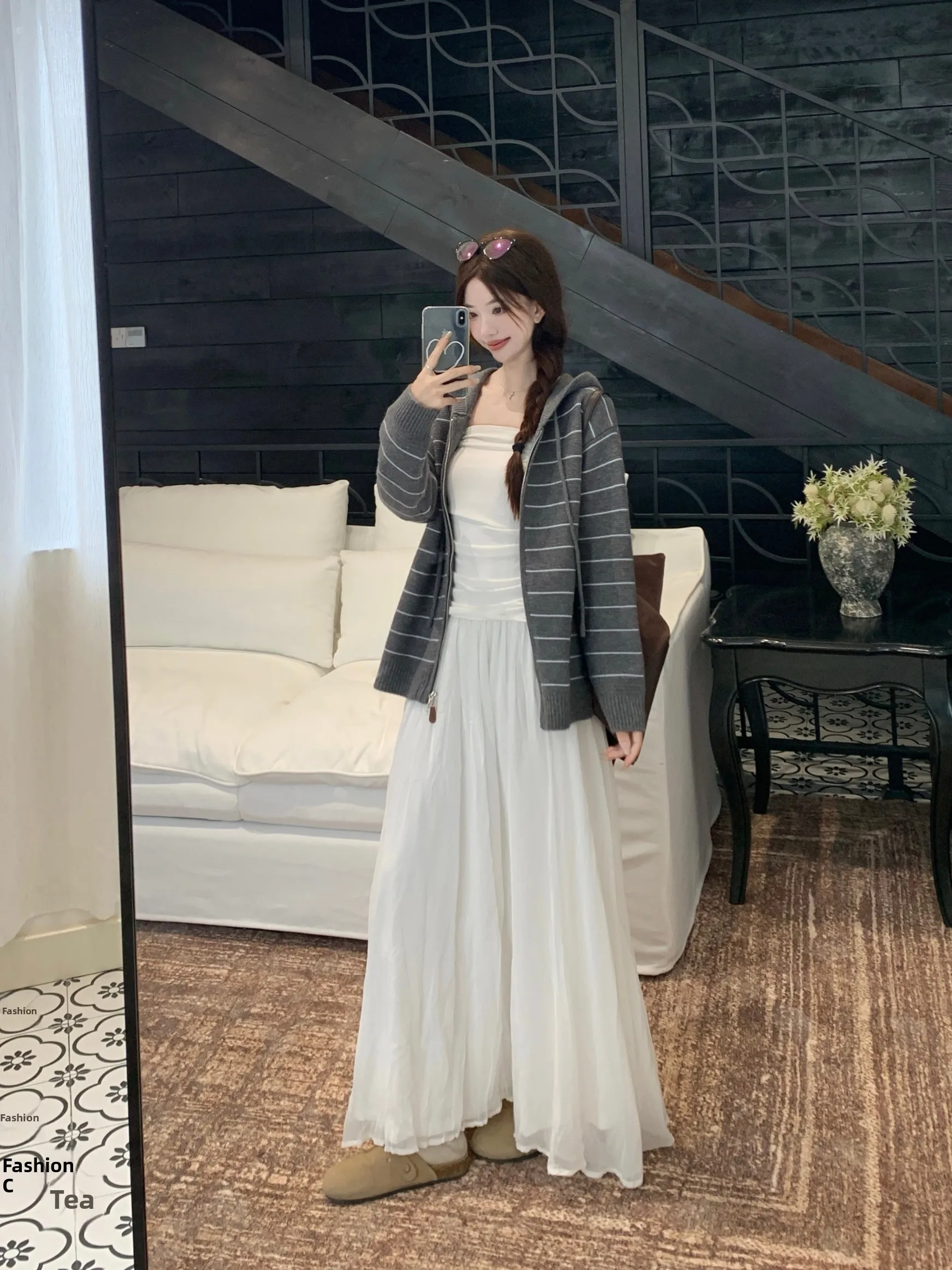 

plus Size Lazy Style Knitted Set with Hat Striped Long Sleeve Tube Top Strap Dress Autumn New Arrival Women's Fashion Outfit