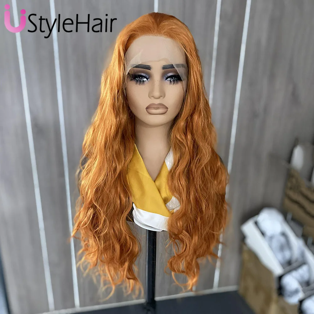 Orange Lace Front Wig Synthetic Long Natural Wave Wig Natural Looking Loose Curly Daily Use Wig Heat Resistant Cosplay Wigs