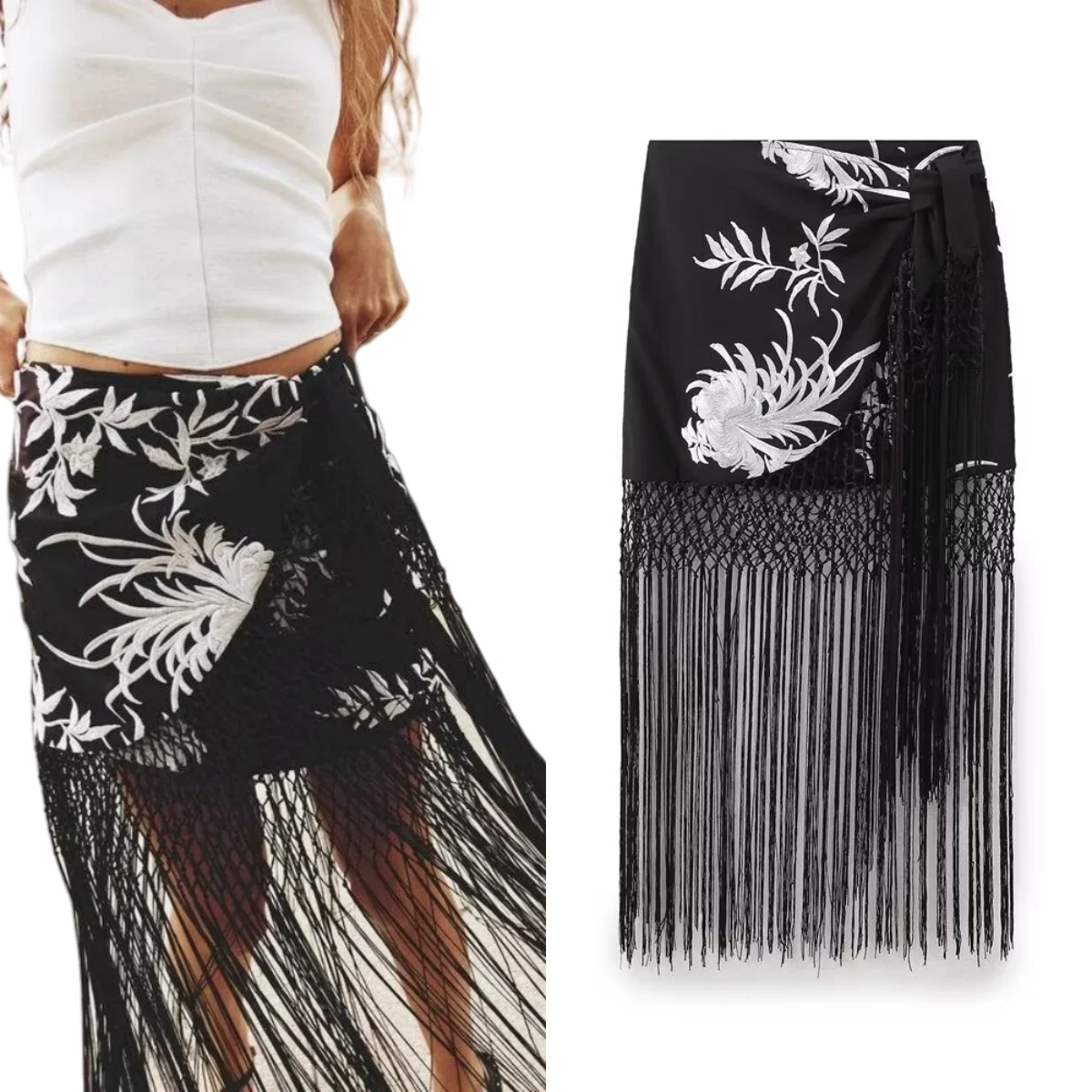 PB&ZA2024 Summer New Women's High end Casual Versatile High Waist Mid length Tassel Embroidered Cage Skirt