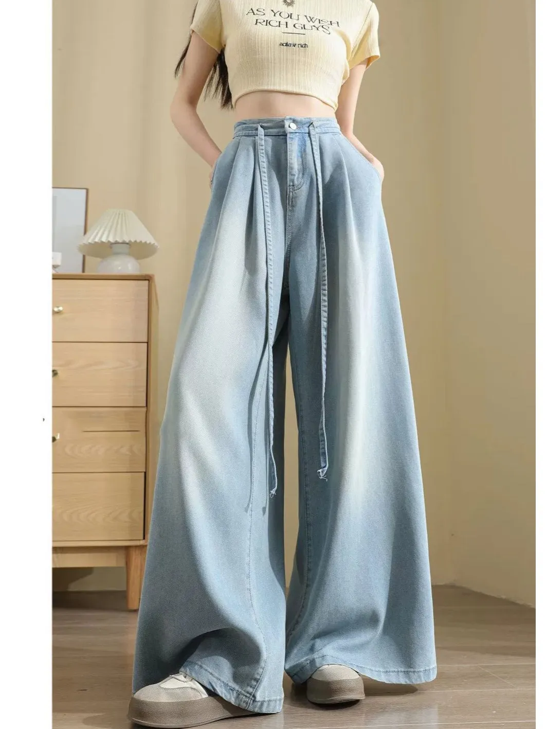 

Светло-голубые джинсы с высокой талией и широкими штанинами, женские, летние, новые, свободного прямого кроя, длиной в пол