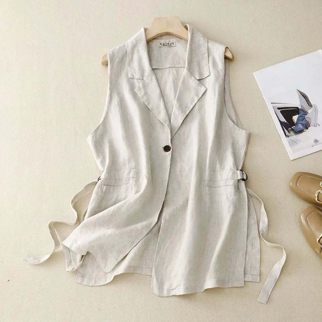

Spring New plus Size Women's Cotton Linen Vest Mid-Length Sleeveless Loose Outer Wear Waistcoat Thin A-Line Style