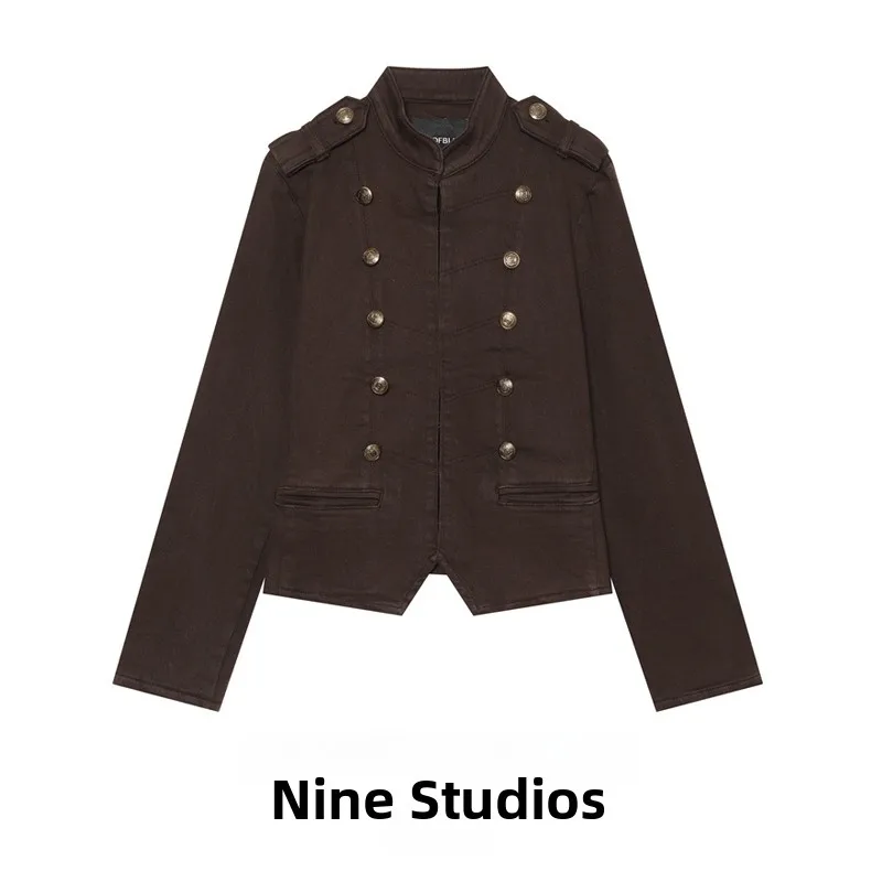 NINE ZAR Women's Jacket Napoleon Knot Buckle Waist-Cinching Denim Coat Stand Collar Button-Up Short Outerwear