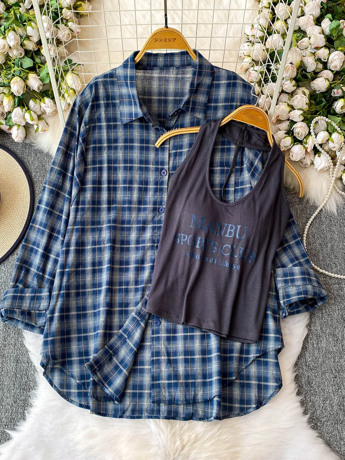 Korean Sle Loose Long Sve Sun Protection Coat Women's Autumn Red Plaid Turn-down Collar Outerwear + Inner Strap Set