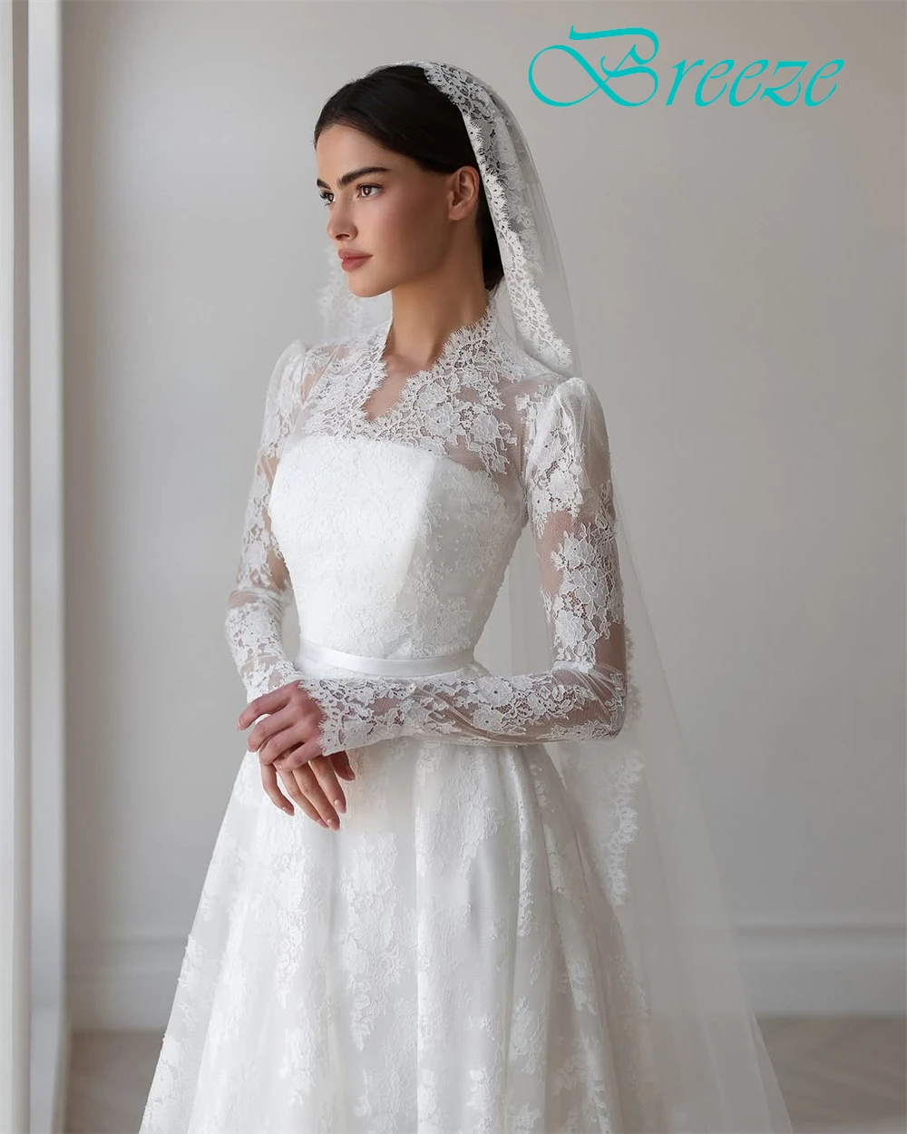 Aangepaste elegante witte kanten trouwjurk formele v-hals lange mouwen bruidsjurken dromerige a-lijn rechter trein vestido de novia