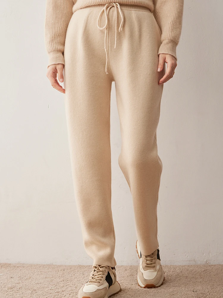 Potloodbroek Warm Zacht 100% Kasjmier Gebreid Slim Fit 2025 Nieuwkomers Zak Trekkoord Elastische Tailleriem Dames Dik Lang