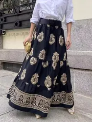 Vintage Printed Skirt Women Fashion Casual Drawstring Leace-up Elastic Waist Loose Long Skirts Female Spring Summer New Clothing