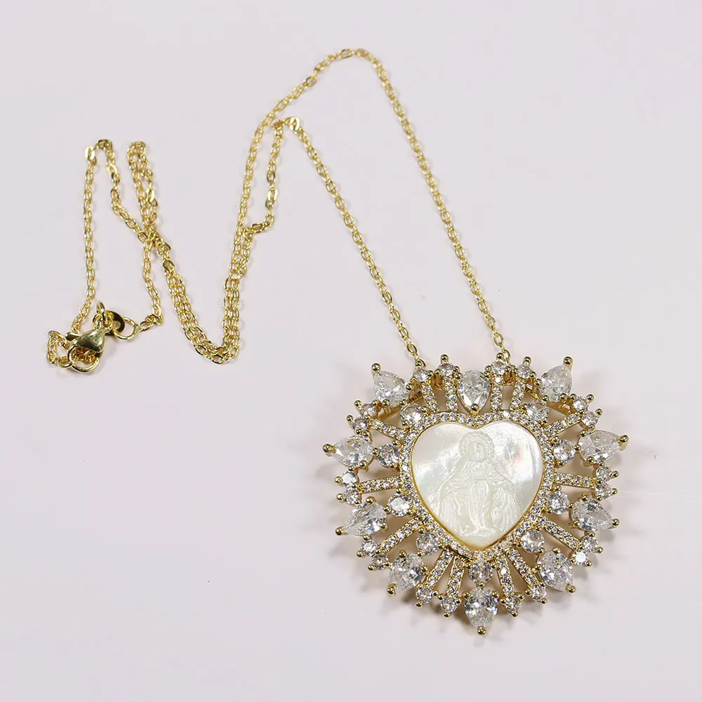 G-G White Shell MOP Cameo Virgin Mary CZ Micro Pave Heart Pendant Chain Necklace