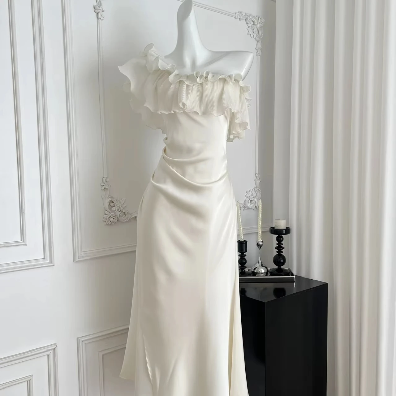 فستان حورية البحر من الساتان ذو الرغبة النقية فستان حورية البحر متقدم بخصر نحيف وياقة منحرفة رداء مكشكش مثير احتفالي مودا فيستدوس #2