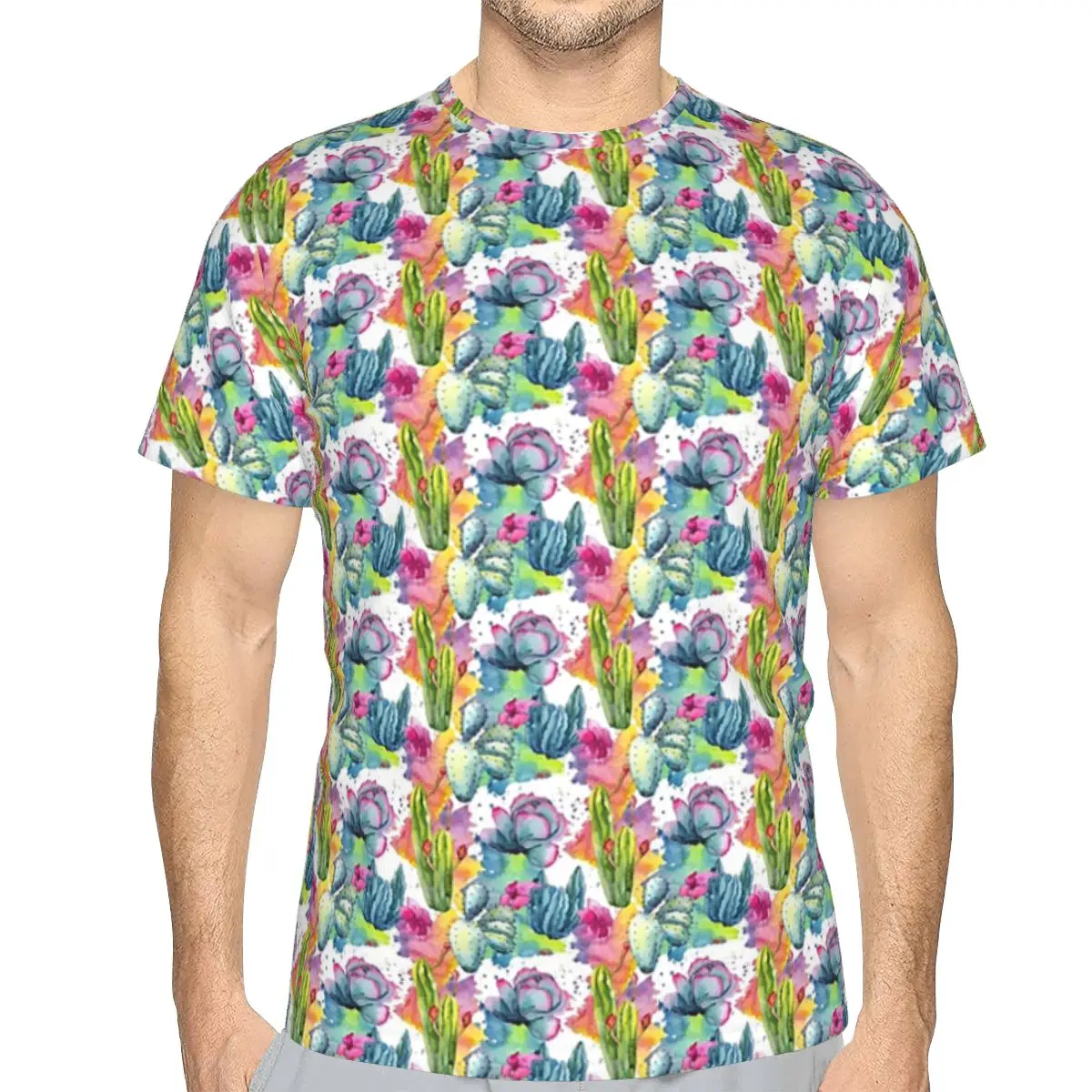 Exotic Wildflower Cactus Pattern Watercolor Style Stylish 100% Cotton T-Shirt Men'sFunny T Shirts Men Crew Neck Short Sleeve