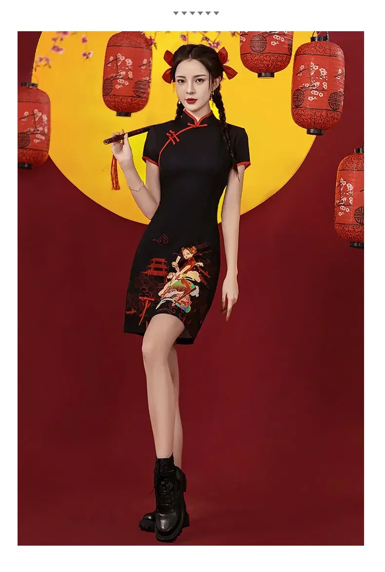 Falda Cheongsam de moda china para mujer, vestido Qipao de noche para dama de honor, estilo corto Popular, rojo mejorado, nuevo