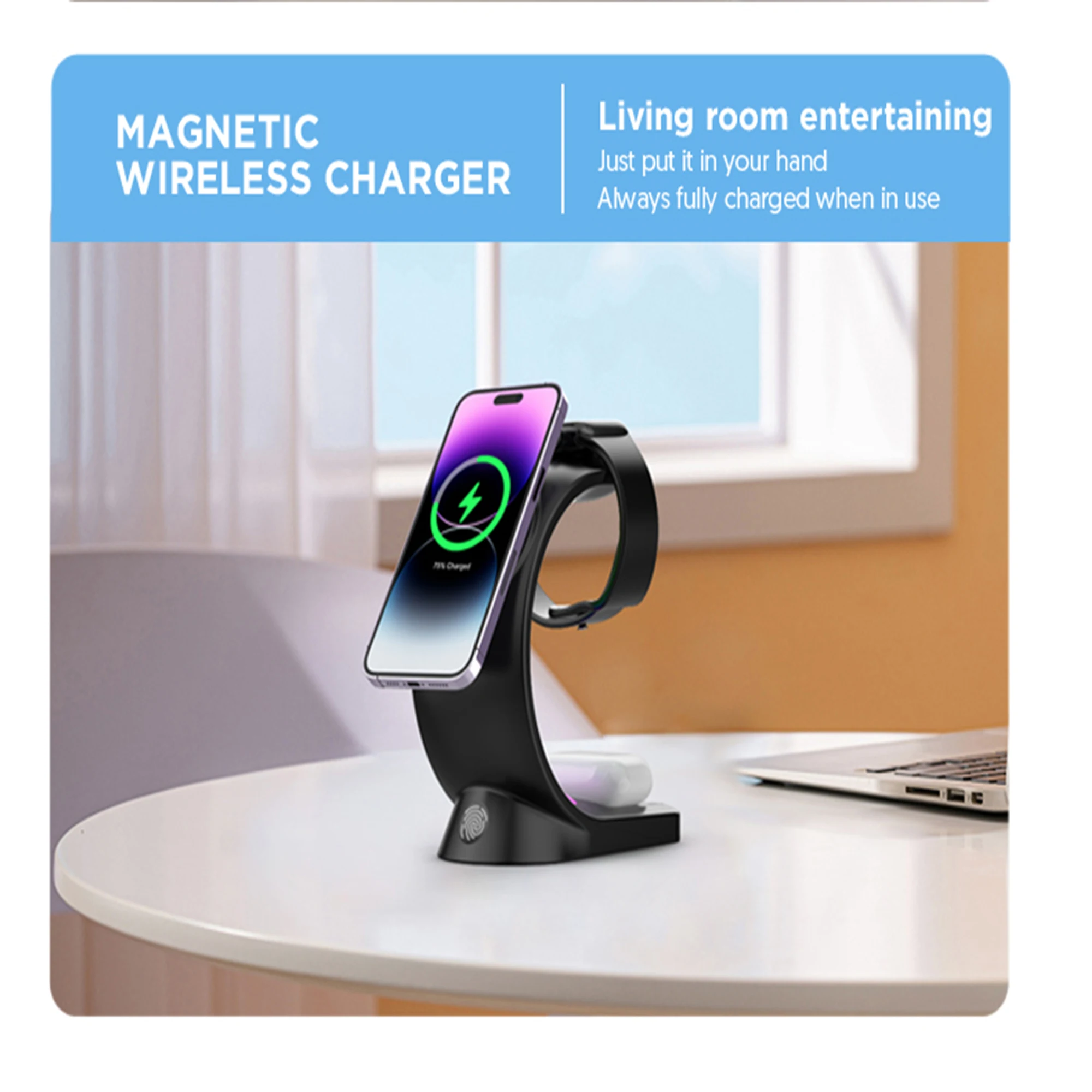 Support de charge d'attraction magnétique sans fil rapide 3 en 1, support tridimensionnel de bureau multifonctionnel