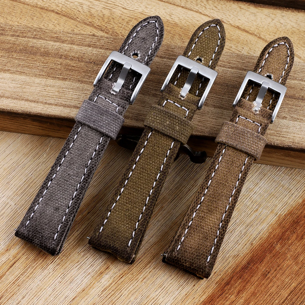 Handmade Canvas Watch Band 18 19 20 21 22 24mm Retro Watchband Men Watch Bracelet Strap Replacement Belt Gray Blue Brown Green