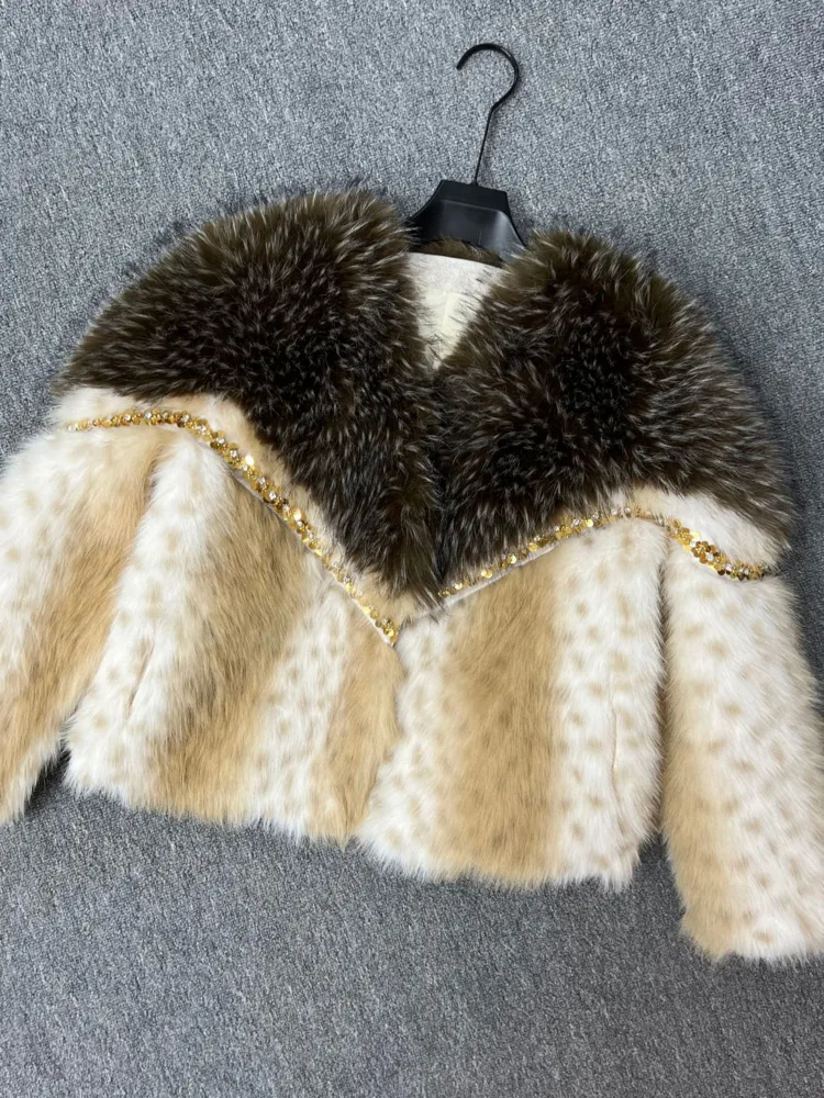 ZMEENNA 여성용 짧은 인조 모피 자켓 골드 스팽글 디테일 고급스러운 따뜻한 겨울 아우터 베이지 브라운 레오파드 스팟 ZM4474