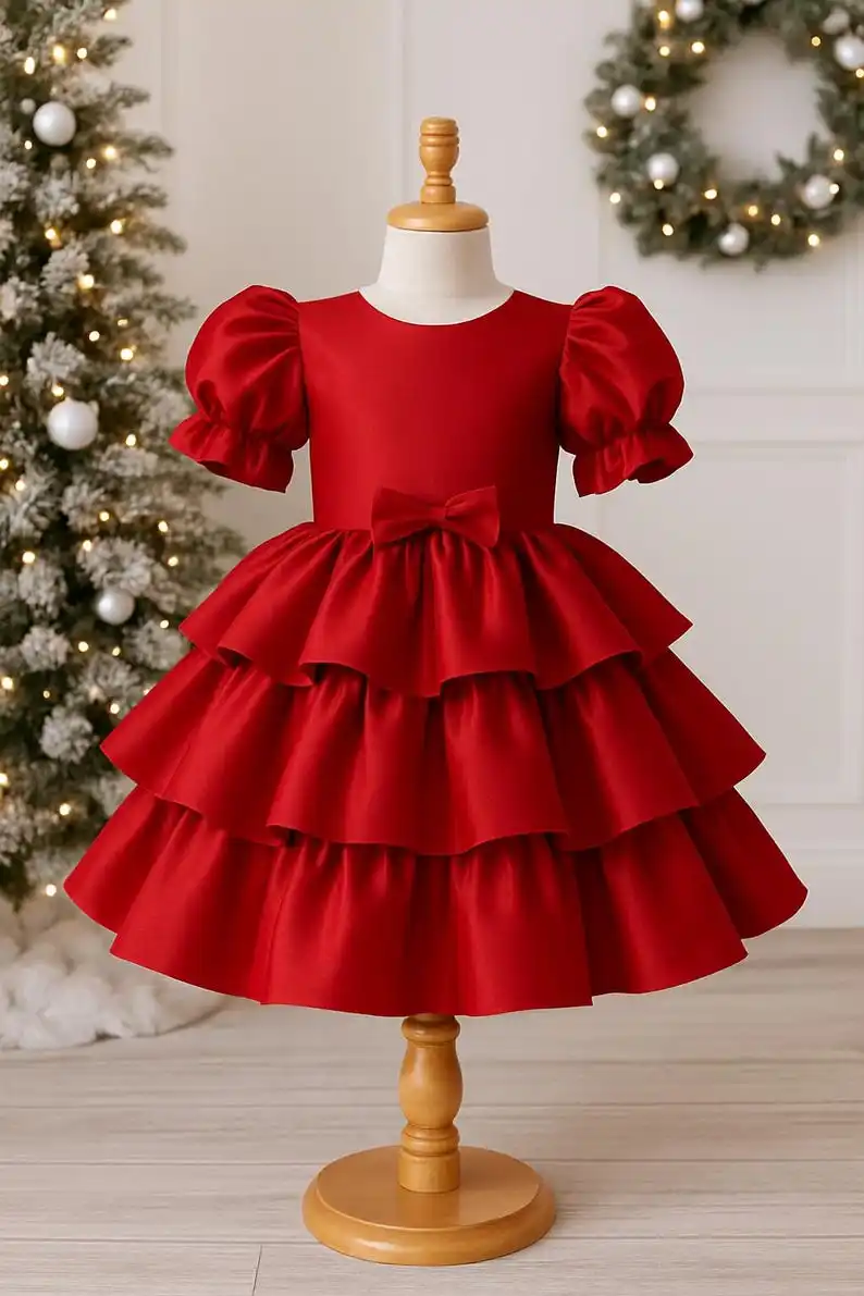 Flower Girl Satin V-Back Knee Length Ruffle Wedding Christmas Puffy Sleeves Elegant Infant Toddler Junior Church Holiday Dress