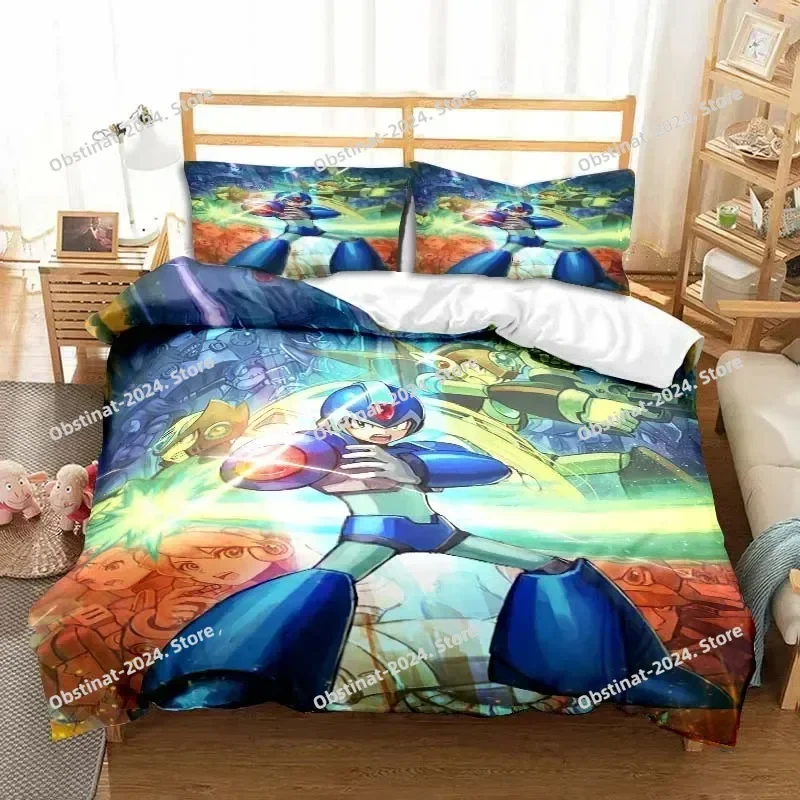 Rockman Megaman 게임 만화 침구 세트 베개 커버 이불 커버가있는 인쇄 침대 세트 소프트 싱글 더블 퀸 슈퍼 킹 사이즈