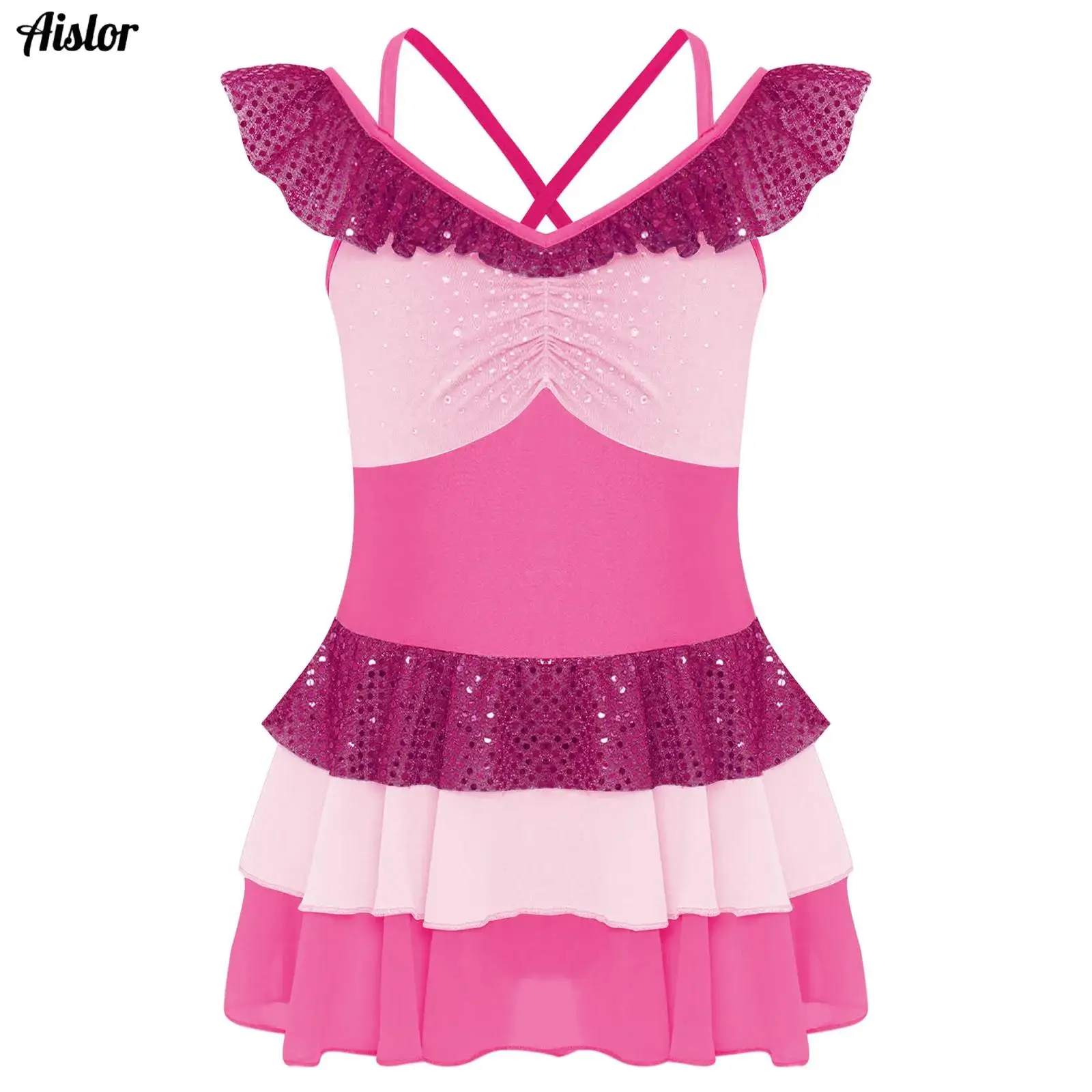 

Kids Girls Ballet Dress Figure Skating Dance Costume Cross Back Sequins Rhinestones Ruched Color Block Tiered Ruffled Dresses