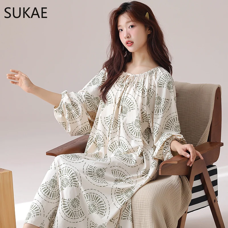 SUKAE Elegant Women Nightgowns Spring Vintage Court Style Lady Chic Dress Autumn Faux Cotton Nightdress Gorgeous Long Sleepshirt