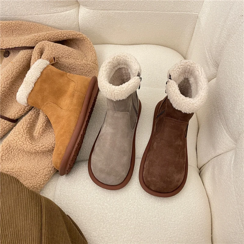 Inverno feminino curto de pelúcia quente botas de neve sapatos casuais 2022 nova pele camurça chelsea tornozelo botas apartamentos plataforma senhoras sapatos botas