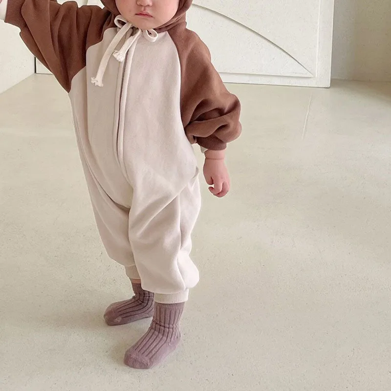 2024 Korea Baby Bodysuits Romper Toddler Baby Girls Boys Jumpsuit Spring Autumn Hooded Jumpsuit Casual Loose Crawling Suit