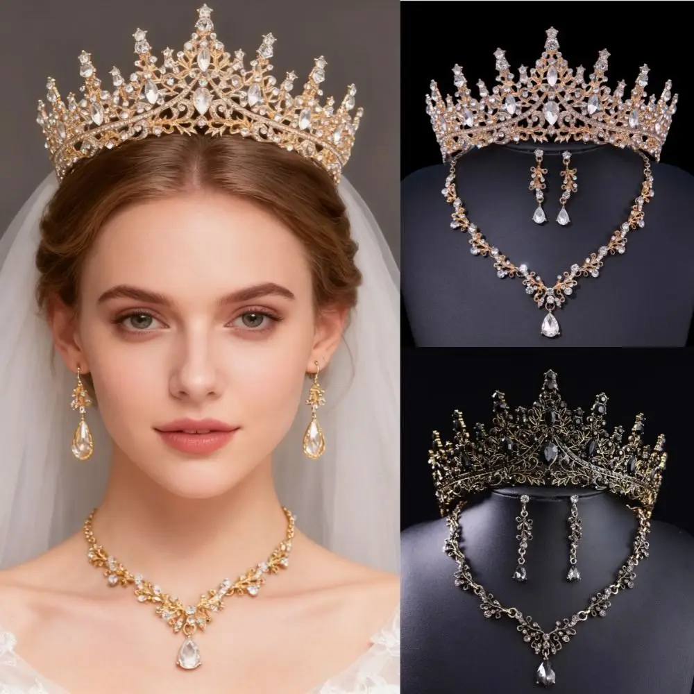 

3 Pcs Shiny Bride Jewelry Sets Metal Headwear Luxury Wedding Tiaras Hair Ornaments Exquisite Necklace Earrings and Crown Sets