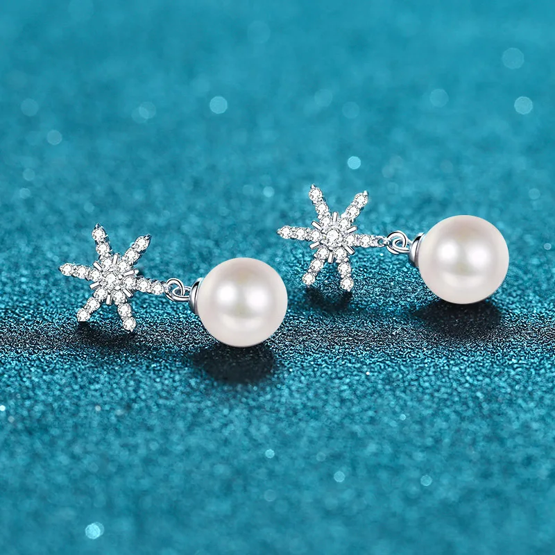 18K gold earrings , snowflakes fluttering 8mm freshwater pearl gravel moissanite earrings plated PT950 platinum 0.24carat