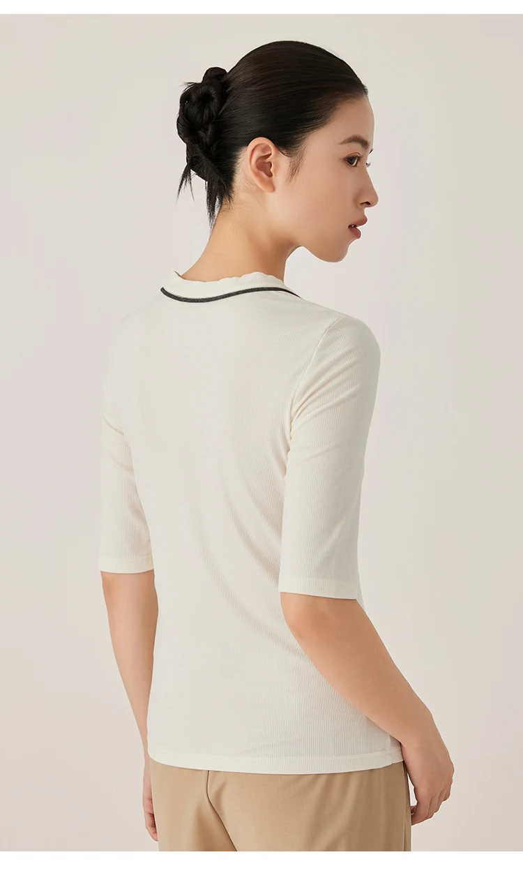 KL7523408 Designer-Stil Damen V-Ausschnitt Strickware Weiche Wollmischung Oberteil Slim Fit Geripptes Kurzarm-T-Shirt – Detail 12