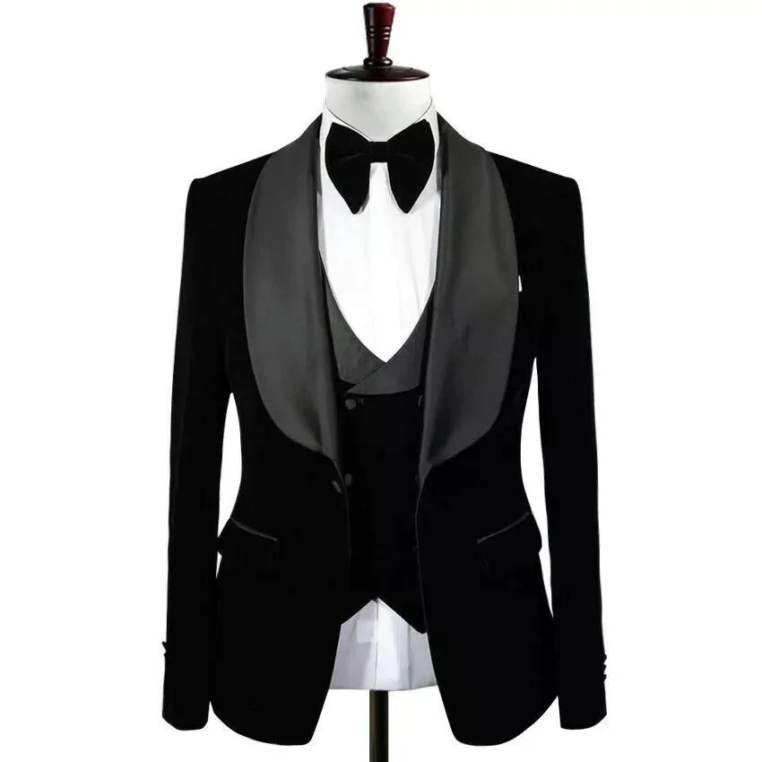 Wedding Tuxedo for Men 3 Pcs Male Suits Prom Costume Formal Shawl Smoking Velvet Blazer Groom Suit (Jacket+Vest+Pants) 2024