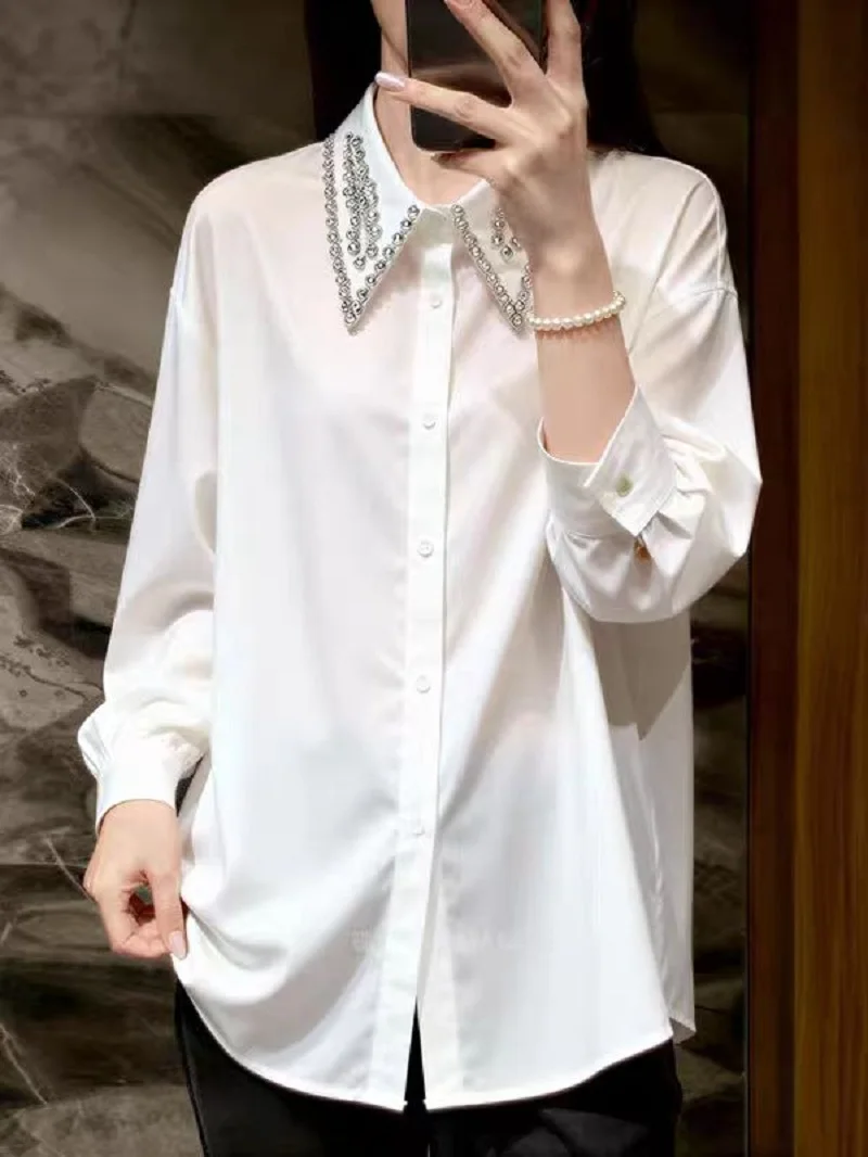 

Luxury Design Handmade Diamonds Stitch Cotton Shirts Blouses For Women's Long Sleeve Oversize White Tops Woman Clothes Blusas