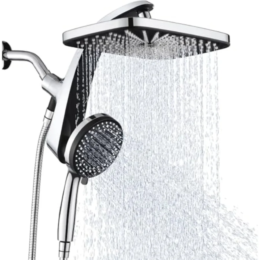 

High Pressure Rain Shower Head with Handheld Spray Combo in Silver: 10 Spray Settings Detachable Design Magnetic Docking Built-