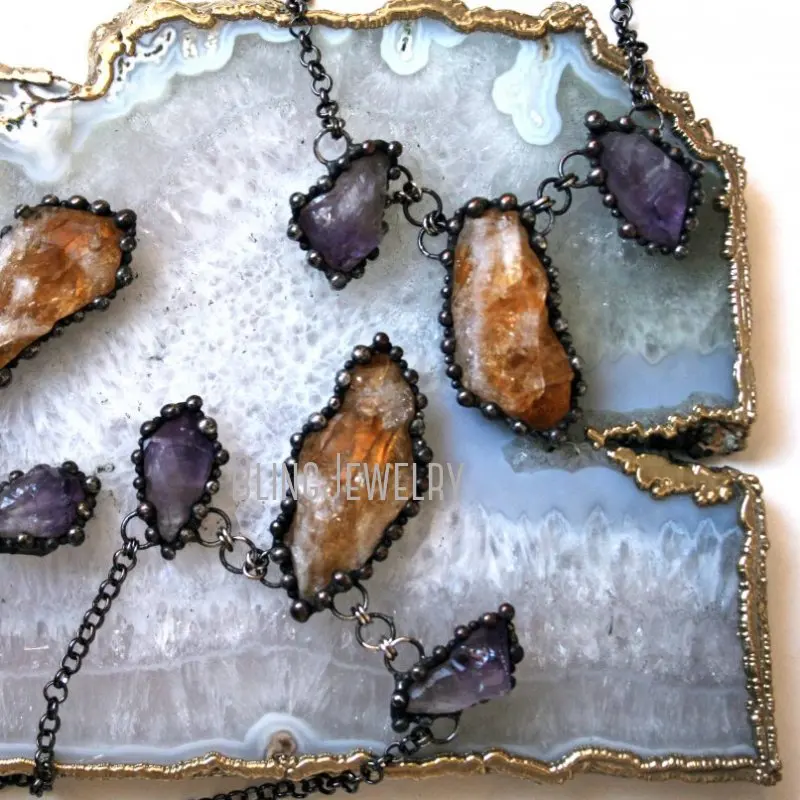 NM43221 Citrine And Amethyst Bib Necklace Raw   Purple  Crystal Statement  Halloween