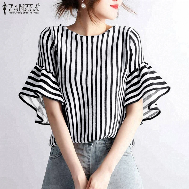 

2026 ZANZEA Summer Short Sleeve Striped Blouses Women Elegant Office Work Shirt Fashion Casual O Neck Holiday Tunic Blusas Femme