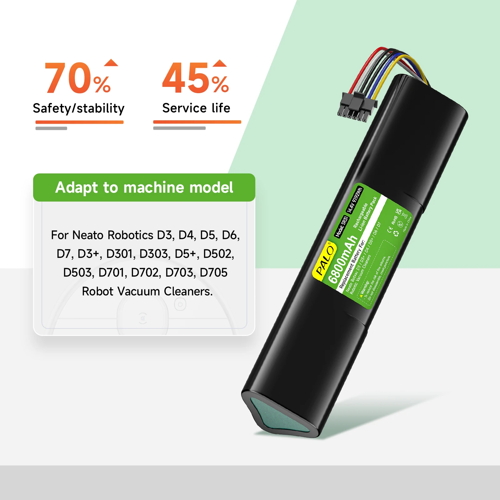 니토 로보틱스 D3,D4,D5,D6,D7,D3+,D301,D303,D5+,D502,D503,D701,D702,D703,D705 로봇 청소기용 PALO 14.4V 6800mAh 리튬 이온 배터리