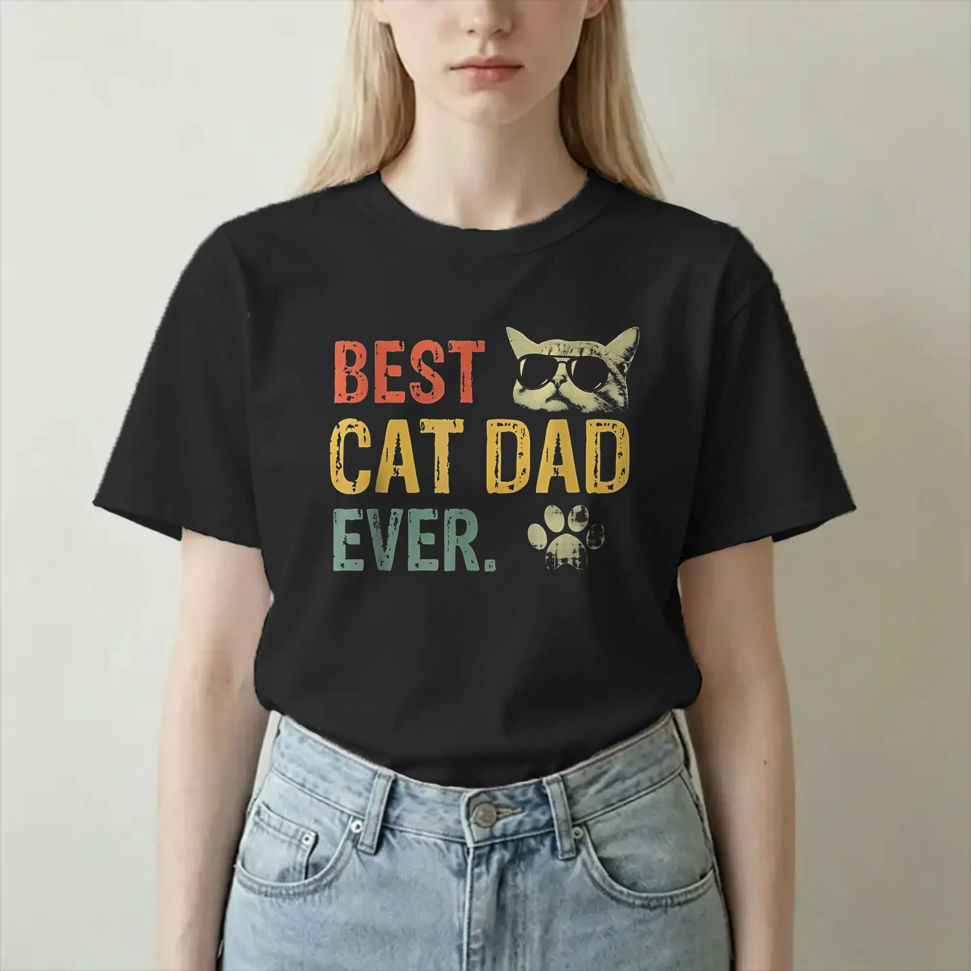 Camiseta Divertida Vintage Melhor Pai de Gato de Todos os Tempos para Homens e Mulheres, Camisetas de Algodão com Gola Redonda, Camisetas de Manga Cur
