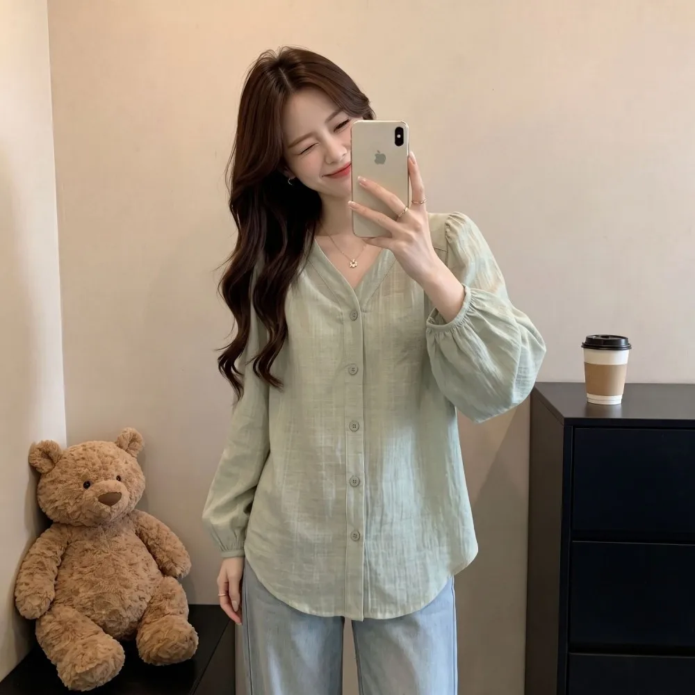 French Style Loose Lantern Sleeve V-Neck Women's Shirt Summer New plus Size Slimming Top Bean Green Regular Shoulder