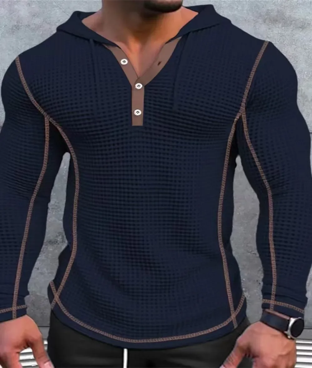 Waffle Solid Fabric Slim Fit Hoodies Men V-neck Button Casual Sweatshirts Hip Hop Street Sweater Men's Sports Tops Long Sleeve