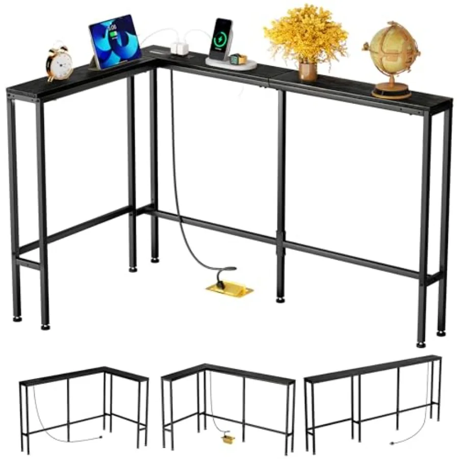 

L Shaped 70" Narrow Console Sofa Table with Built-in Power Strip 2 AC Outlets and 2 USB Ports 4.9ft Power Cord Metal Frame Easy