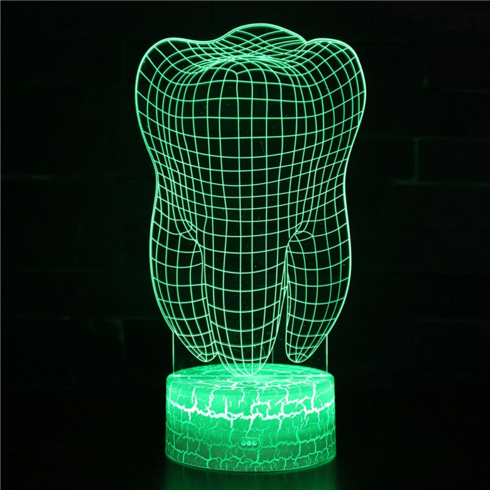 Nightn Tooth Acrílico LED Night Light, 3D Illusion Lamp, 7 cores mudando, mesa USB, lâmpada de cabeceira, aniversário, presente de Natal para