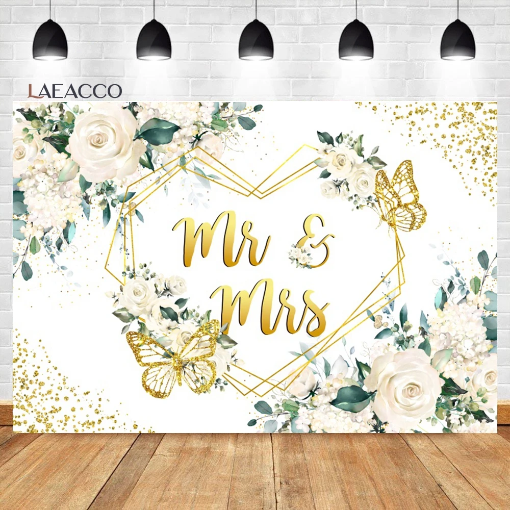 

Laeacco Mr and Mrs Backdrop White Rose Floral Wall Glitter Ring Reception Bridal Groom Engaged Portrait Photography Background