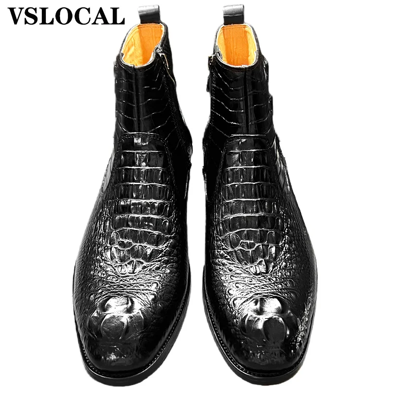 Luxury Men Ankle Boots Shoes Black Brown Crocodile Printed Zipper Chelsea Double Buckle Genuine Leather Dress Men Boots