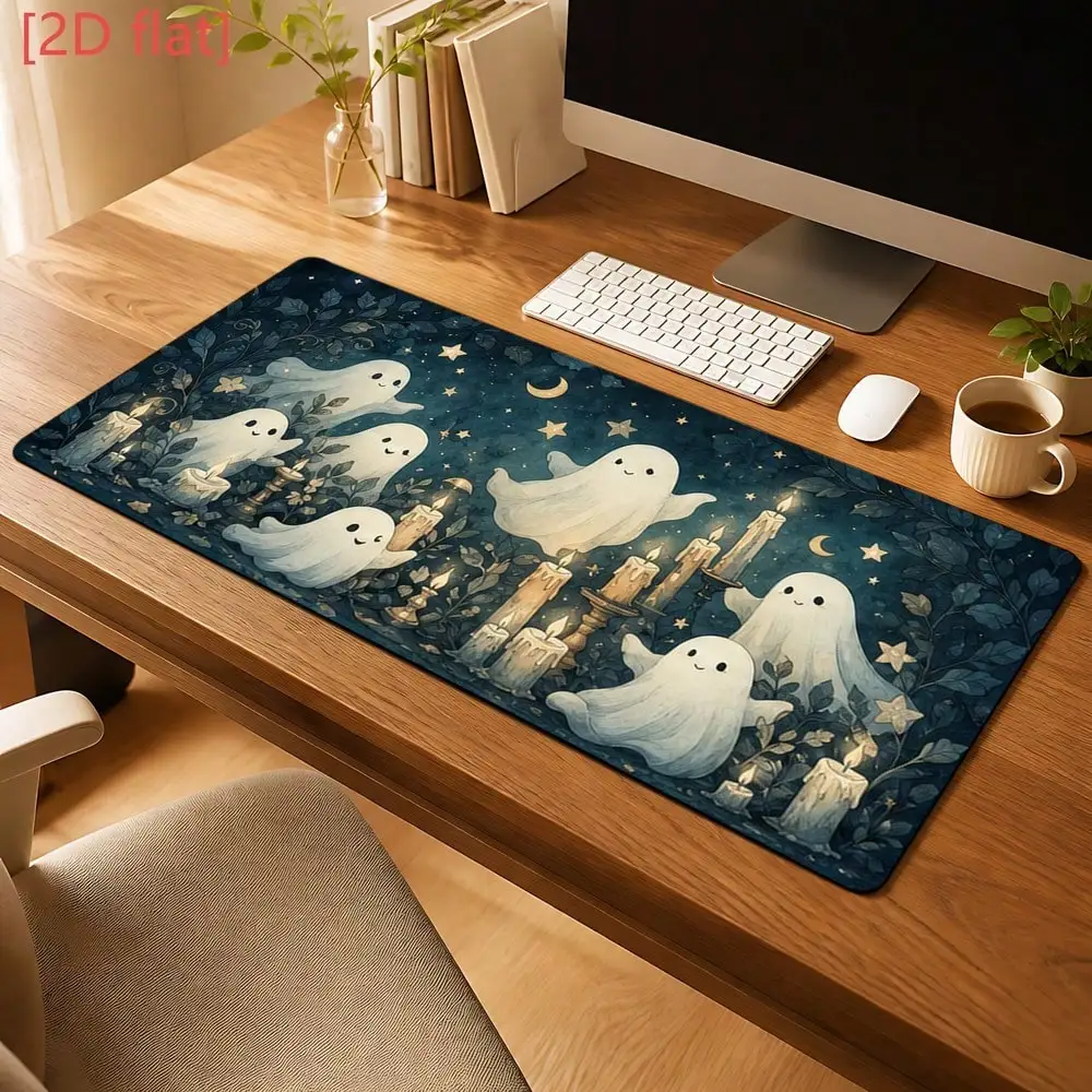 2D Flat 1pc Cute White Little Ghost Star Moon Night Sky Floral Leaf Pattern Mouse Pad, Non-Slip, For Computer Desk, Office Desk, Work Desk, Study Table, Dorm