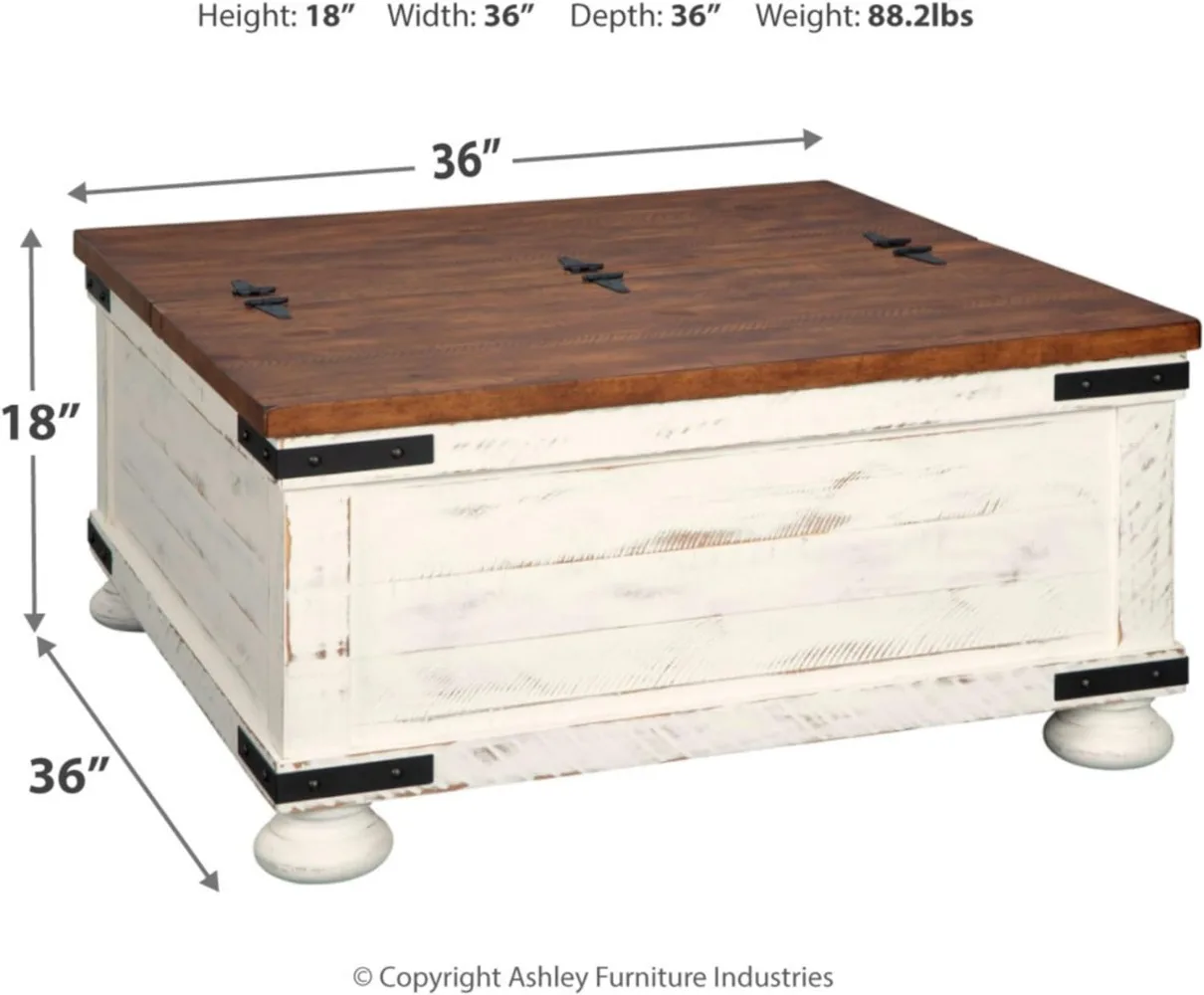 Signature Design by Ashley Wystfield Farmhouse Square Storage Coffee Table with Hinged Lift Top, Distressed White