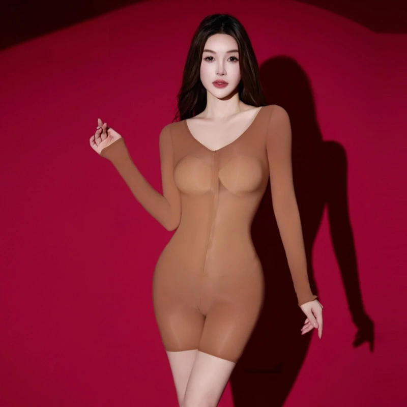 

Women Sexy Lingerie Yoga Zipper Open Neck Long Sleeve Jumpsuit Shorts Elastic Tight Bodysuit Oil Shiny Glossy Transparent Tights