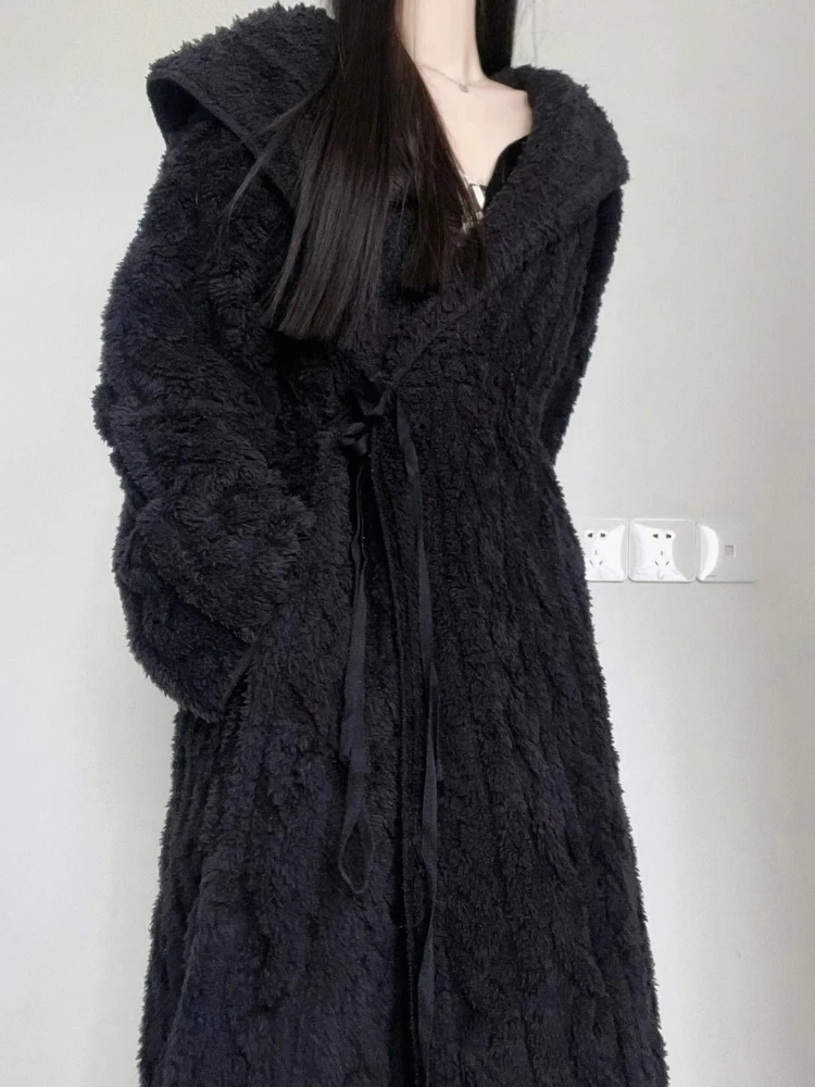 Women Black Coral Velvet Robes Winter Thicken Lounge Hooded Sleepwear Warm Loose Japanese Sweet College Fashion Long Bathrobes