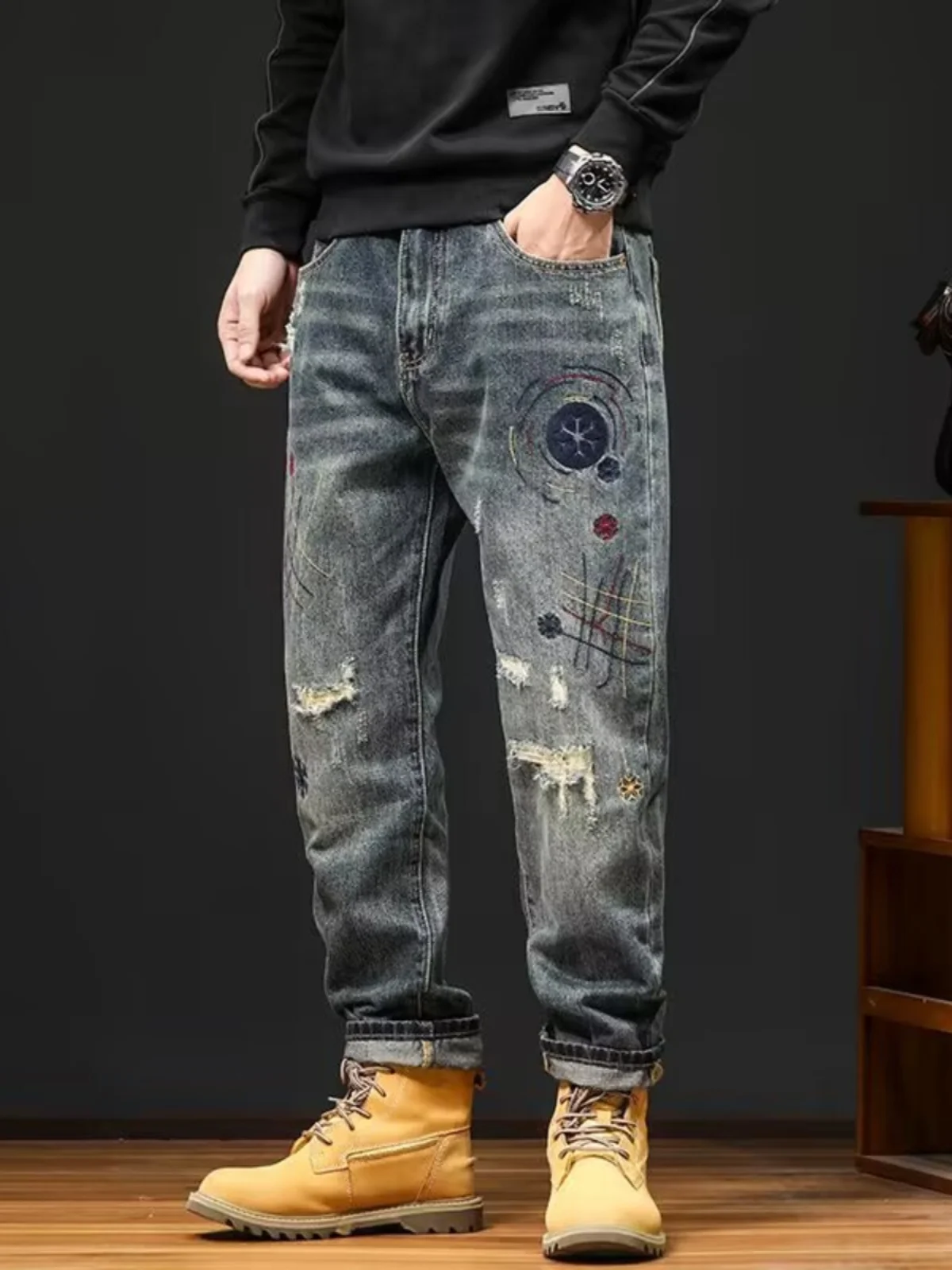 Calças Jeans Masculinas Estilo Retrô com Patchwork e Furos, Novas Calças Casuais Americanas de Alta Moda, Calças Longas da Pr...