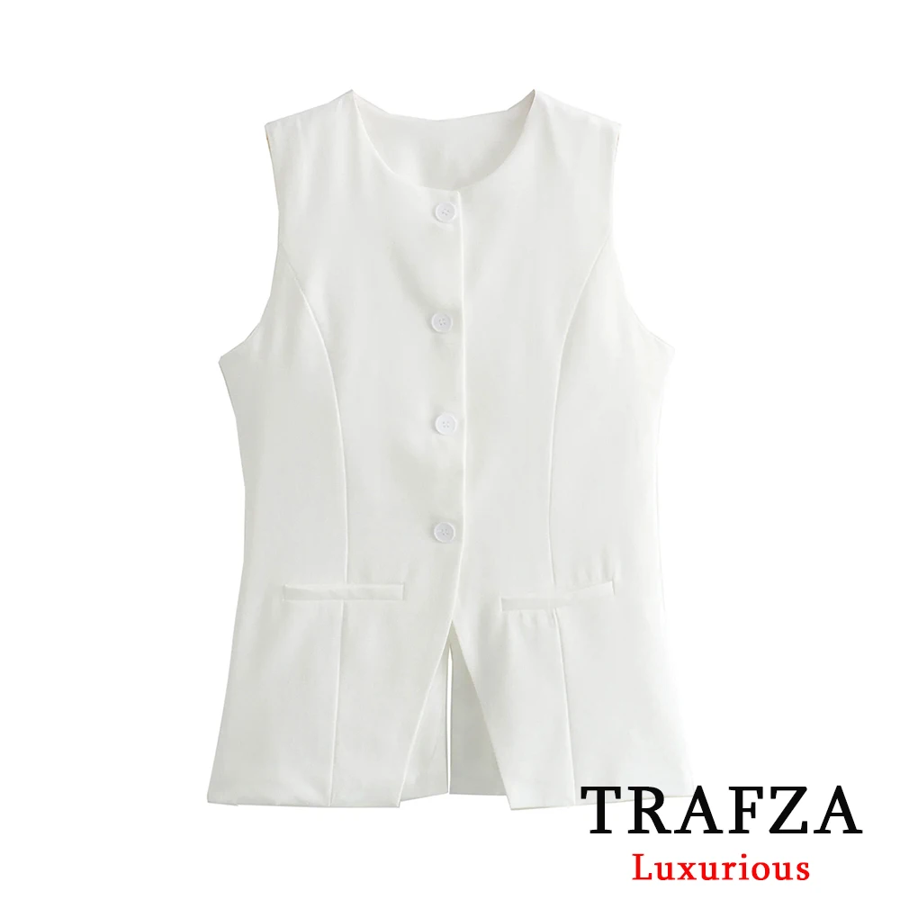 TRAFZA Office Lady Solid White Vest Women O Neck Buttons Front Split Long Vest Blazer Fashion 2024 Summer Elegant Casual Tops