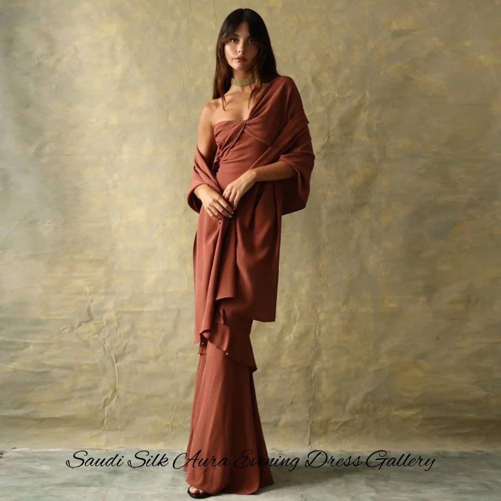 Customized  High Quality Russet Jersey Evening Dress Mermaid One Shoulder Party Dress Ribbons Celebrity Gowns High Qual