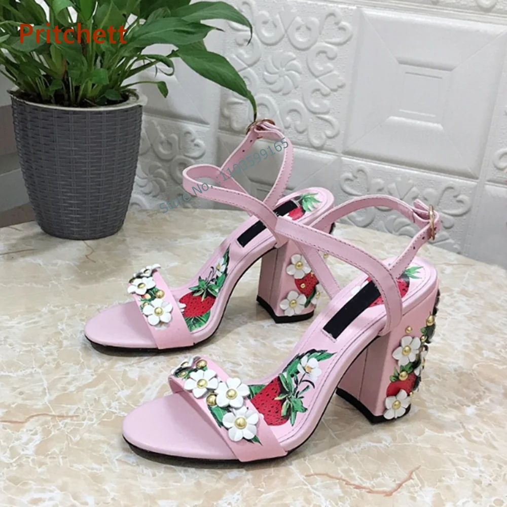 

Light Color Flower Sandals Chunky Square Heels Round Toe Straight Strap Women's Shoes Ankle Band Buckle Strap Vocation Shoes