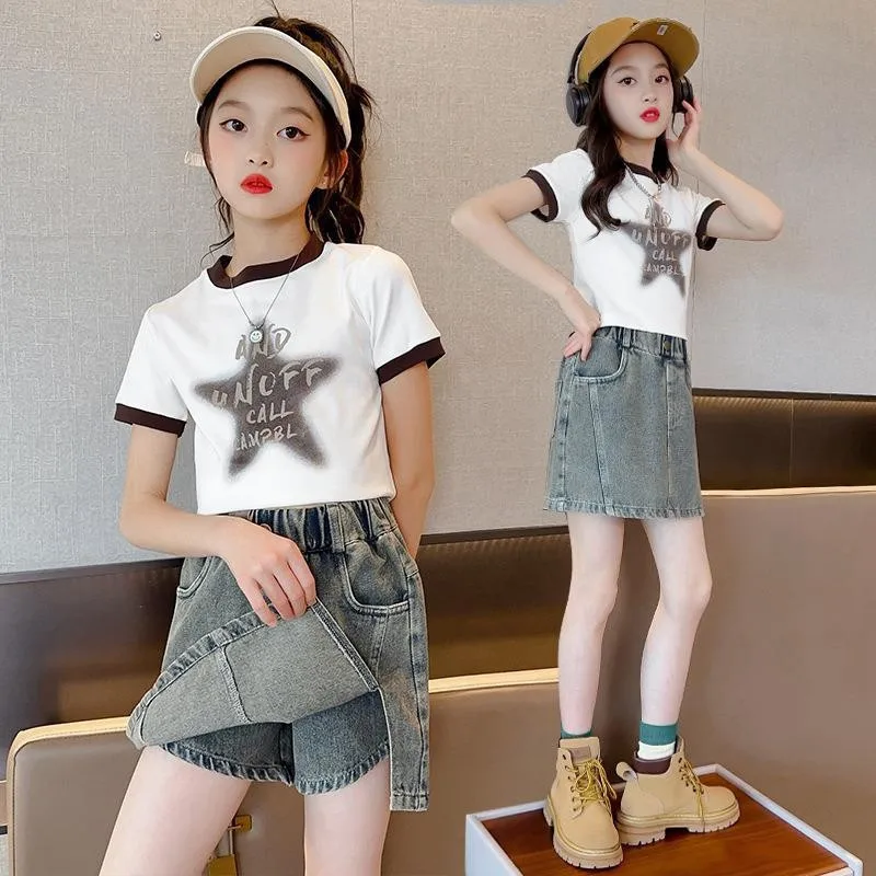 Summer Girls Skirt Shorts Clothes Sets Short-sleeved T-shirt+Denim Culottes Two-piece Child Suit Kids Girl Suit Children Outfits